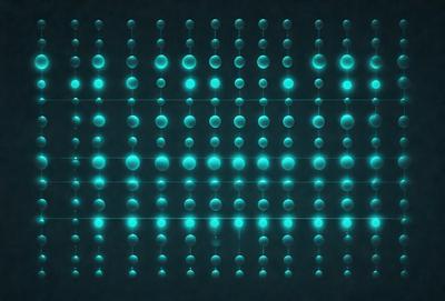 The primary subject of the image is a pattern of blue circles arranged in a grid-like formation. The setting is a dark background, which contrasts with the bright blue circles. The visual style appears to be a digital art or illustration, as the circles are arranged in a precise manner. The overall atmosphere is calm and visually appealing, with the blue circles creating a sense of harmony and balance.