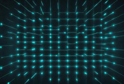 The primary subject of the image is a blue and green patterned background. The setting is a dark room, and the visual style appears to be a digital art or illustration. The dominant colors are blue and green, creating a calm and soothing atmosphere.