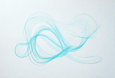 The primary subject of the image is a blue, curved line that appears to be a wave or a flowing pattern. The setting is a white background, which provides a clean and minimalist appearance. The visual style is a combination of digital art and illustration, as the blue line is created using a digital medium. The colors and mood of the image are predominantly blue, which gives it a calm and serene atmosphere.