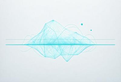 The primary subject of the image is a blue and white drawing of a mountain on a white surface. The drawing is a combination of blue and white lines, creating a visually appealing and artistic representation of the mountain. The setting is a white background, which allows the drawing to stand out and be the main focus of the image. The visual style is a combination of digital art and illustration, as the drawing appears to be a blend of both techniques. The colors and mood of the image are predominantly blue and white,