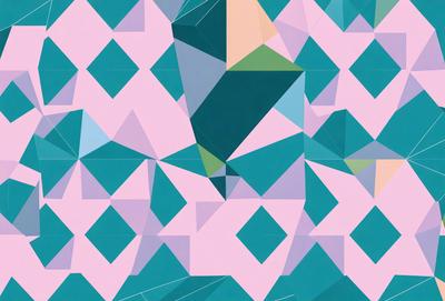 The primary subject of the image is a geometric pattern, featuring a mix of blue, pink, and green colors. The pattern is composed of various shapes, including triangles and squares, creating a visually appealing and intricate design. The setting or background of the image is a blue and pink color scheme, which complements the pattern and adds to the overall aesthetic. The visual style of the image is a combination of digital art and illustration, showcasing the artist's skill in creating a complex and harm