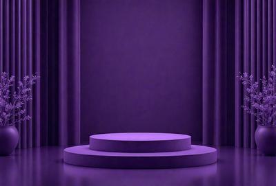 The primary subject of the image is a purple stage with a purple platform in the center. The setting is a purple curtained stage, which creates a dramatic and artistic atmosphere. The visual style of the image is a digital art or illustration, as it is a well-crafted and detailed scene. The colors and mood of the image are predominantly purple, which adds to the overall ambiance and aesthetic appeal.