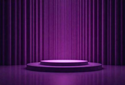 The primary subject of the image is a purple stage with a purple curtain. The setting is a theater or a stage, and the visual style is a digital art or illustration. The colors and mood of the image are predominantly purple, creating a dramatic and artistic atmosphere.