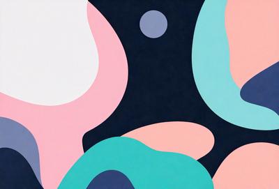 The primary subject of the image is a colorful, abstract artwork featuring a mix of pink, blue, and green colors. The setting is a black background, which contrasts with the vibrant colors of the artwork. The visual style appears to be a combination of digital art and illustration, creating a unique and eye-catching design. The overall atmosphere of the image is lively and energetic, thanks to the bold colors and dynamic patterns.