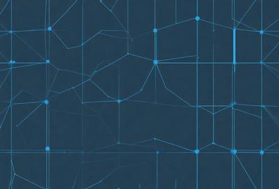 The primary subject of the image is a blue background with a pattern of interconnected lines. The setting appears to be a dark, possibly futuristic environment. The visual style is a combination of digital art and illustration, creating a unique and intricate design. The colors and mood of the image are predominantly dark and moody, with the blue background providing a sense of depth and contrast.