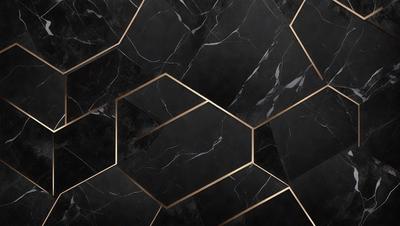 The primary subject of the image is a black and gold marble tile pattern. The setting is a black and gold marble tile wall, which serves as the background. The visual style is a close-up of the marble tile pattern, showcasing the intricate design. The colors and mood of the image are predominantly black and gold, giving it a luxurious and elegant appearance.