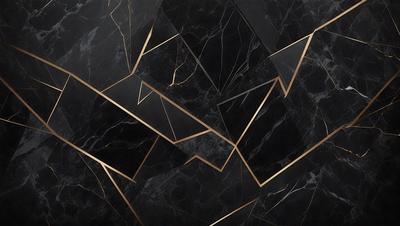 The primary subject of the image is a black and gold marble pattern. The setting is a black marble surface, and the visual style is a close-up of the marble pattern. The dominant colors are black and gold, creating a luxurious and elegant atmosphere.