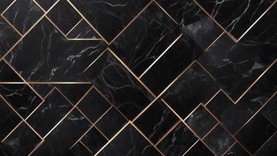 The primary subject of the image is a black and gold marble tile pattern. The setting is a black and gold marble tile wall, which serves as the background. The visual style is a close-up of the marble tile pattern, showcasing the intricate design. The colors and mood of the image are predominantly black and gold, giving it a luxurious and elegant appearance.