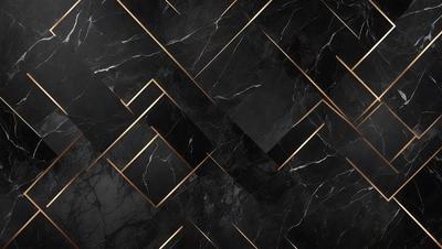 The primary subject of the image is a black and gold marble tile pattern. The setting is a black and gold marble tile floor, which serves as the background. The visual style is a close-up of the marble tile pattern, showcasing the intricate design. The colors and mood of the image are predominantly black and gold, giving it a luxurious and elegant appearance.