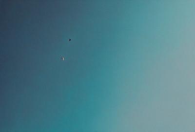 The primary subject of the image is a kite flying high in the sky. The setting is a clear blue sky, which provides a perfect backdrop for the kite. The visual style of the image is a photo, capturing the kite in its natural environment. The colors and mood of the image are predominantly blue, creating a calm and serene atmosphere.