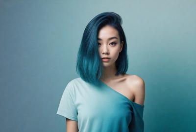 The primary subject of the image is a woman with blue hair, wearing a blue shirt. She is posing for the camera, and her hair is styled in a bun. The setting is a blue background, which complements the woman's blue hair. The visual style is a close-up portrait, capturing the woman's unique appearance. The colors and mood of the image are predominantly blue, creating a calm and serene atmosphere.