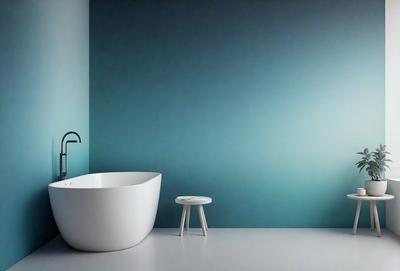 The primary subject of the image is a white bathtub, which is placed on a white countertop. The setting is a bathroom with a blue wall, and the visual style is a photo. The dominant colors are white and blue, creating a clean and calming atmosphere.