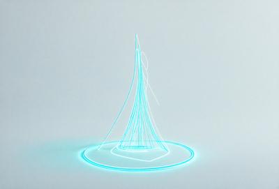 The primary subject of the image is a blue, glowing, and curved structure, which appears to be a sculpture or an artistic piece. The setting is a white background, which provides a clean and minimalist environment for the artwork. The visual style of the image is a combination of digital art and illustration, as the blue lines and curves create a unique and eye-catching design. The colors and mood of the image are predominantly blue and serene, with the glowing lines adding a sense
