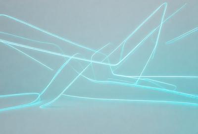 The primary subject of the image is a blue lighted airplane. The setting is a white background, and the visual style appears to be a digital art or illustration. The colors and mood of the image are predominantly blue, creating a futuristic and modern atmosphere.