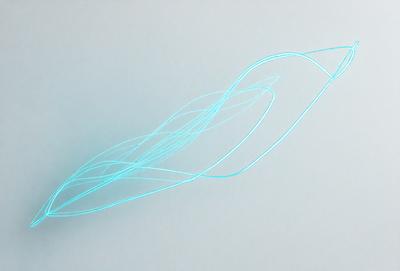The primary subject of the image is a blue light, which appears to be a neon light or a blue laser. The light is shining on a white surface, creating a striking contrast between the blue light and the white background. The visual style of the image suggests that it could be a digital art or an illustration, as the light appears to be a deliberate element of the composition. The colors and mood of the image are predominantly blue and white, giving it a clean and modern appearance.