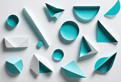 The primary subject of the image is a collection of blue and white geometric shapes, including triangles and bowls, arranged on a white surface. The setting appears to be a white wall, and the visual style is a combination of digital art and illustration. The dominant colors in the image are blue and white, creating a clean and modern atmosphere.