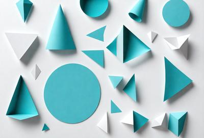 The primary subject of the image is a collection of blue and white geometric shapes, including triangles and circles. These shapes are arranged in various patterns and are displayed on a white background. The visual style of the image is a combination of digital art and illustration, creating a modern and clean appearance. The dominant colors in the image are blue and white, giving the scene a calm and sophisticated atmosphere.