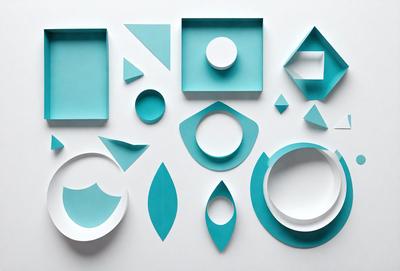 The primary subject of the image is a collection of geometric shapes, including circles, triangles, and squares, arranged on a white surface. The shapes are cut out of blue paper, giving the scene a vibrant and colorful appearance. The setting is a white background, which provides a clean and uncluttered environment for the shapes to be displayed. The visual style is a combination of digital art and illustration, as the shapes are carefully cut and arranged to create a visually appealing composition. The dominant colors are blue and white