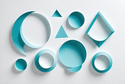 The primary subject of the image is a collection of blue and white geometric shapes, including triangles and circles. These shapes are arranged in various positions and orientations, creating a visually interesting and artistic display. The setting is a white background, which provides a clean and uncluttered environment for the shapes to stand out. The visual style of the image is a combination of digital art and illustration, with the shapes appearing to be three-dimensional and intricately designed. The dominant colors in the image are blue and white, which