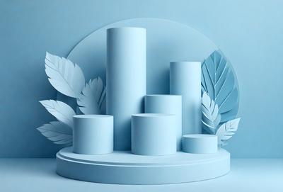 The primary subject of the image is a display of three stacked blue boxes, each with a different height. The setting is a blue background, which creates a visually appealing contrast with the boxes. The visual style is a combination of digital art and illustration, as the boxes are depicted in a clean and detailed manner. The colors and mood of the image are predominantly blue, giving it a calm and serene atmosphere.
