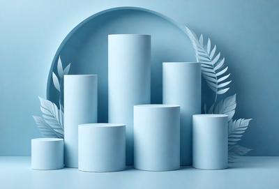 The primary subject of the image is a group of white, cylindrical objects, possibly vases or candles, arranged in a visually appealing manner. The setting is a blue background, which adds a sense of depth and contrast to the scene. The visual style appears to be a combination of photo and digital art, creating a unique and eye-catching composition. The colors and mood of the image are predominantly blue, which gives it a calm and serene atmosphere.