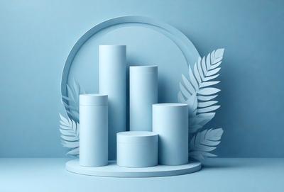 The primary subject of the image is a stack of three white vases. The vases are placed on a blue surface, which serves as the setting or background. The visual style of the image is a combination of photo and digital art, creating a realistic yet artistic representation of the vases. The colors in the image are predominantly blue, which gives the scene a calm and serene atmosphere.