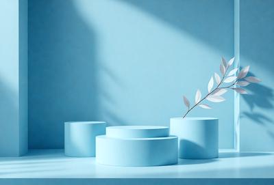 The primary subject of the image is a vase with a leaf in it, placed on a table. The setting is a blue background, which adds a calming and serene atmosphere to the scene. The visual style is a photo, capturing the details of the vase and the leaf. The colors and mood of the image are predominantly blue, creating a sense of tranquility and harmony.