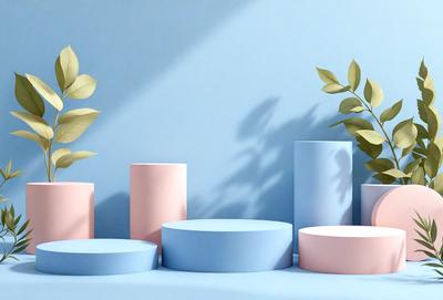 The primary subject of the image is a collection of blue and pink vases. They are placed on a blue surface, which serves as the setting or background. The visual style of the image is a photo, capturing the vases and their colors in a realistic manner. The dominant colors in the image are blue and pink, creating a calm and soothing atmosphere.