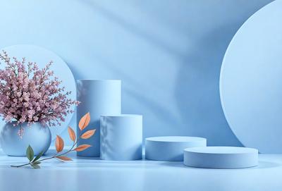 The primary subject of the image is a vase filled with flowers, placed on a table. The setting is a blue background, which adds a calming and serene atmosphere to the scene. The visual style is a photo, capturing the beauty of the flowers and the vase. The colors and mood of the image are predominantly blue, creating a peaceful and tranquil ambiance.