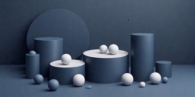 The primary subject of the image is a collection of white and blue spheres, which are placed on a blue surface. The setting appears to be a dark room, with the spheres being the main focus of the image. The visual style is a combination of photo and digital art, creating a unique and intriguing composition. The colors and mood of the image are predominantly dark and moody, with the blue spheres and the blue surface providing a sense of depth and contrast.