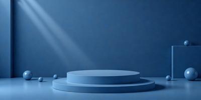 The primary subject of the image is a blue circular object, which appears to be a light source. The setting is a blue background, which creates a contrasting and visually appealing environment. The visual style of the image is a combination of photo and digital art, as it captures the light source and its reflection on the blue surface. The colors and mood of the image are predominantly blue, creating a calm and serene atmosphere.