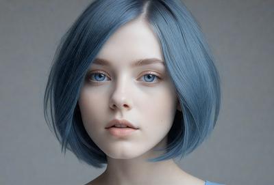 The primary subject of the image is a woman with blue hair. She is wearing a blue shirt and has a blue-green hairstyle. The setting is a studio, and the visual style is a close-up portrait. The colors and mood of the image are predominantly blue, creating a calm and serene atmosphere.