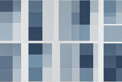 The image is a collection of four square pictures, each featuring a different shade of blue. The primary subject of the image is the blue squares, which are the main objects, scene, or focus of the image. The setting/background consists of a white wall, which serves as the backdrop for the blue squares. The visual style of the image is a combination of digital art and illustration, as the blue squares are displayed in a patterned manner. The colors and mood of the image are predominantly blue, creating a calm