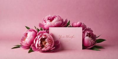 The primary subject of the image is a bouquet of pink flowers, which are the main focus of the scene. The flowers are arranged in a pink card, creating a visually appealing composition. The setting is a pink background, which complements the color of the flowers and adds to the overall mood of the image. The visual style of the image is a close-up of the flowers, showcasing their beauty and details. The colors and mood of the image are predominantly pink, creating a warm
