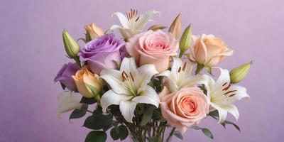 The primary subject of the image is a bouquet of flowers, which are displayed in a vase. The bouquet consists of various types of flowers, including pink and purple ones. The setting is a pink background, which adds a warm and inviting atmosphere to the scene. The visual style of the image is a close-up of the bouquet, showcasing the details of the flowers and the vase. The colors and mood of the image are predominantly warm and cheerful, with the pink flowers