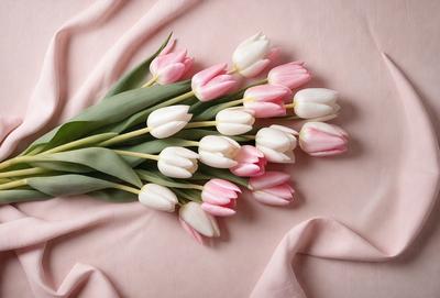 The primary subject of the image is a bouquet of pink and white tulips. The setting is a pink background, which adds a soft and delicate touch to the scene. The visual style is a close-up of the flowers, showcasing their beauty and details. The colors and mood of the image are predominantly pink and white, creating a sense of freshness and elegance.