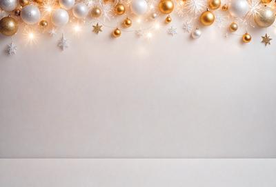 The primary subject of the image is a white wall with a gold star garland hanging on it. The setting is indoors, and the visual style appears to be a photo. The colors and mood of the image are predominantly white and gold, creating a warm and festive atmosphere.