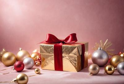 The primary subject of the image is a gold box with a red ribbon, which is placed on a pink background. The setting appears to be a festive environment, possibly during the holiday season. The visual style of the image is a combination of photo and digital art, creating a unique and eye-catching presentation. The dominant colors in the image are gold, red, and pink, which contribute to a warm and celebratory atmosphere.