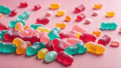 The primary subject of the image is a close-up of a variety of colorful candy, including gummy bears and other types of candy, arranged on a pink surface. The setting is a table with a pink background, and the visual style is a close-up of the candy. The colors and mood of the image are vibrant and cheerful, with the candy appearing to be a fun and delicious treat.