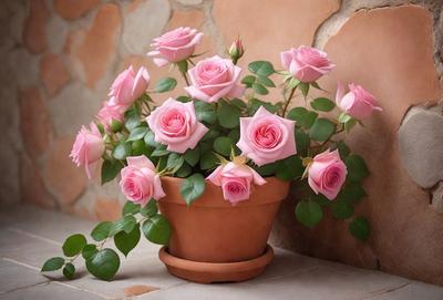 The primary subject of the image is a pink flower pot filled with pink roses. The setting is a table, and the visual style is a photo. The dominant colors are pink, and the overall atmosphere is romantic and elegant.
