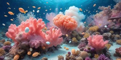 The primary subject of the image is a vibrant underwater scene filled with various types of coral and colorful fish. The setting is a lively ocean environment, with the coral and fish scattered throughout the scene. The visual style is a combination of photo and digital art, creating a realistic and captivating representation of the underwater world. The colors and mood are lively and energetic, with the bright colors of the coral and fish creating a sense of excitement and wonder.