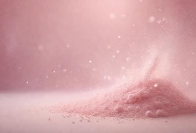 The primary subject of the image is a pink powder, which appears to be a powdered sugar or a similar substance. The setting is a white surface, possibly a table or a countertop. The visual style of the image is a close-up, focusing on the pink powder. The colors in the image are predominantly pink, giving the scene a warm and inviting atmosphere.