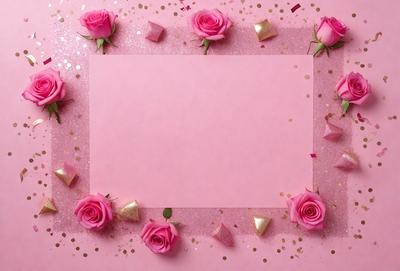 The primary subject of the image is a pink card with a blank space on it, surrounded by pink and gold rose petals. The setting is a pink background, and the visual style appears to be a combination of a photo and digital art. The colors and mood of the image are predominantly pink and warm, creating a sense of love and affection.