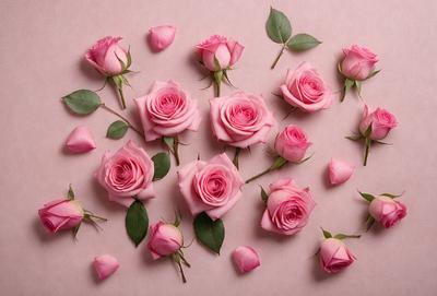The primary subject of the image is a bouquet of pink roses. The setting is a pink background, which creates a visually appealing contrast with the roses. The visual style is a close-up of the roses, showcasing their details and beauty. The colors and mood of the image are predominantly pink, which gives it a romantic and delicate atmosphere.