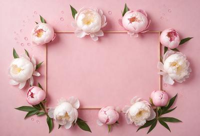 The primary subject of the image is a pink frame with a wreath of flowers, including white flowers, placed on top of it. The setting is a pink background, which adds a warm and inviting atmosphere to the scene. The visual style is a combination of a photo and digital art, creating a unique and eye-catching design. The colors and mood of the image are predominantly pink, which gives it a feminine and delicate appearance.