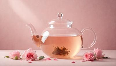 The primary subject of the image is a glass teapot filled with water and a leaf floating in it. The teapot is placed on a table, and there are pink flowers surrounding it. The setting appears to be a cozy and inviting space, with the pink flowers adding a touch of warmth and elegance to the scene. The visual style of the image is a close-up of the teapot, highlighting its details and the leaf inside. The colors and mood of the image are predominantly