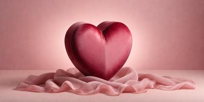 The primary subject of the image is a heart-shaped cushion or pillow, which is placed on a pink surface. The heart is made of a combination of red and pink fabric, giving it a warm and inviting appearance. The setting is a simple and elegant arrangement, with the heart-shaped cushion being the main focus of the image. The visual style is a close-up shot of the heart, emphasizing its shape and texture. The colors and mood of the image are predominantly p