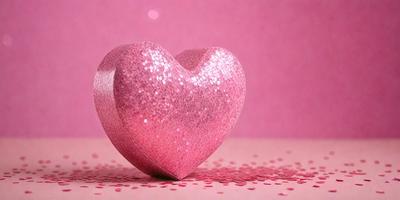 The primary subject of the image is a heart-shaped object, which is pink and covered in glitter. The heart is placed on a pink background, which adds to the overall mood of the image. The visual style of the image is a combination of photo and digital art, creating a unique and eye-catching design. The colors and mood of the image are predominantly pink, which gives it a warm and inviting atmosphere.