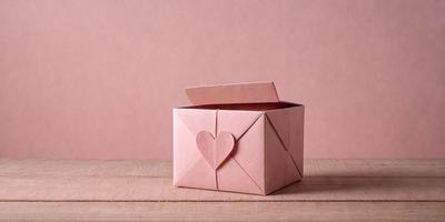 The primary subject of the image is a pink box with a heart cut out of it. The setting is a pink background, which adds to the overall mood of the image. The visual style is a combination of photo and digital art, creating a unique and eye-catching design. The colors and mood of the image are predominantly pink, which gives it a warm and inviting feel.
