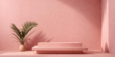 The primary subject of the image is a pink wall with a plant on top of it. The setting is a room with a pink wall, and the visual style is a photo. The colors and mood of the image are predominantly pink, creating a warm and inviting atmosphere.